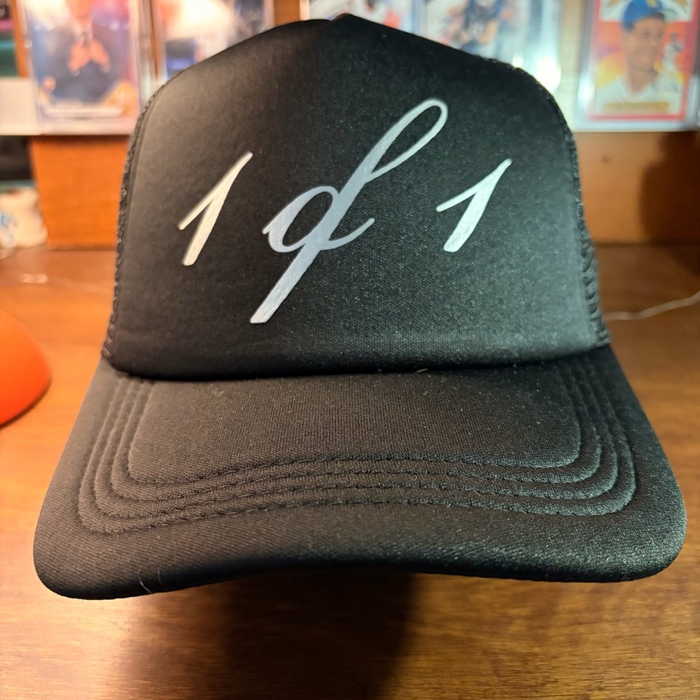 1 of 1 Trucker Hat Black Silver Script Sports Card Inspired Mesh Snapback Cap